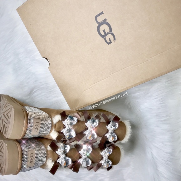 Womens custom bling crystal Bailey bow tall Ugg boots with Swarovski crystals - Picture 6 of 7